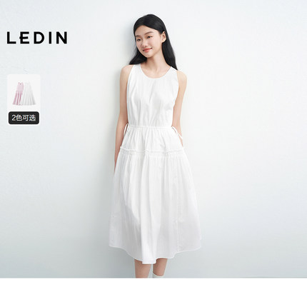 乐町蝴蝶结绑带设计连衣裙女2025年夏季新款棉锦微皱衬衫料裙子