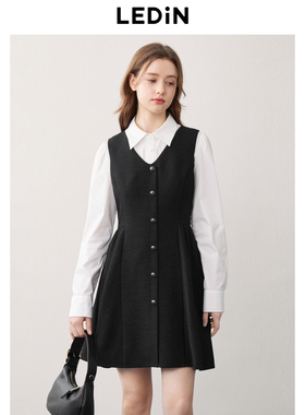 乐町收腰V领背心裙年秋季新款千金风黑色连衣裙OL外穿无袖裙