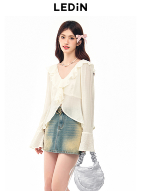 乐町夏季新款甜美木耳边衬衫开衫女C1CAE2217