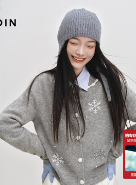 乐町甜美花边翻领毛衣开衫冬季新款雪花绣花软糯正肩内搭灰色上衣