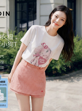 乐町爱心小狗印花短袖女装夏季新款圆领宽松上衣甜美卡通白色T恤
