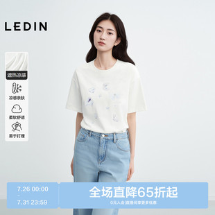 新款 女夏季 凉感 甜美珍珠T恤上衣 乐町蓝色蝴蝶结贝壳印花短袖