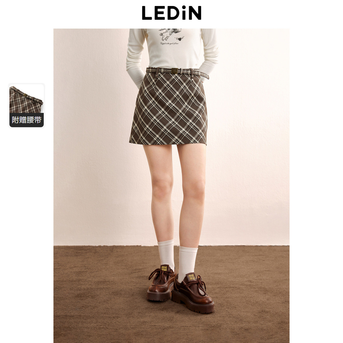 乐町复古学院风半身裙秋季腰带A字裙遮肉斜格纹设计短裙