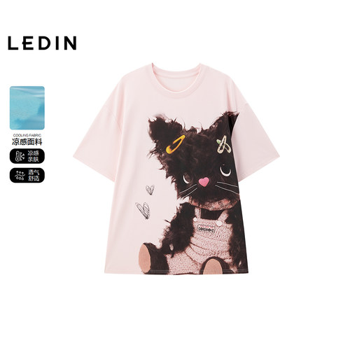 【商场同款】乐町可爱猫咪大图短袖夏季新款粉色圆领T恤C2CNF2749