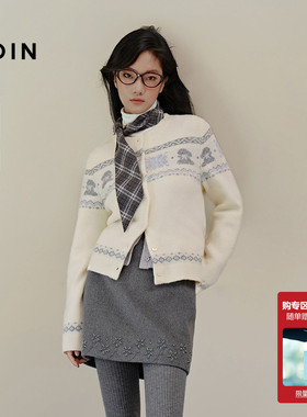 【费尔岛】乐町韩系愈兔针织开衫女秋冬新款纹样系列正肩内搭上衣