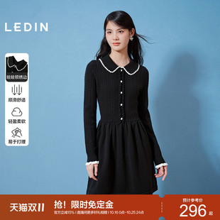 [预]乐町针织连衣裙女X型收腰显瘦精致娃娃领绣边长袖小个子甜酷*