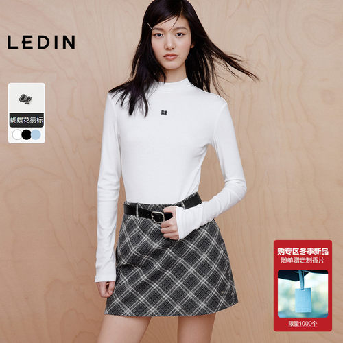 乐町天丝羊毛打底衫秋冬新款蝴蝶花翻领长袖T恤修身高领内搭上衣