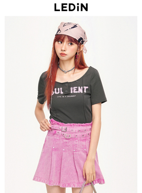 乐町2024夏季新款字母印花修身短款T恤女C2CNE2339