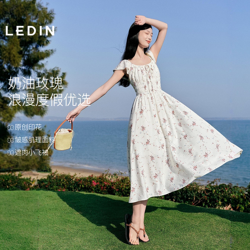 乐町原创印花垂顺舒适连衣裙女2026年夏季新显瘦小飞袖遮肉裙子M