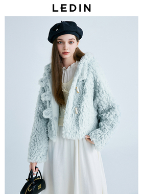 【商场同款】乐町2025春季新款蓝色连帽短款厚毛毛外套C1AEF1214*