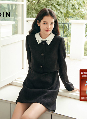 乐町假两件小香风连衣裙女装冬季新款蝴蝶结胸针可开门襟简约裙子