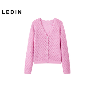 新款 春季 乐町镂空粉色针织开衫 合体毛外套C1EDG1159 商场同款