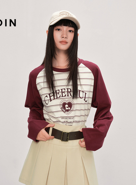 【商场同款】乐町撞色插肩袖宽松打底衫秋季新款长袖T恤C2CPF3529