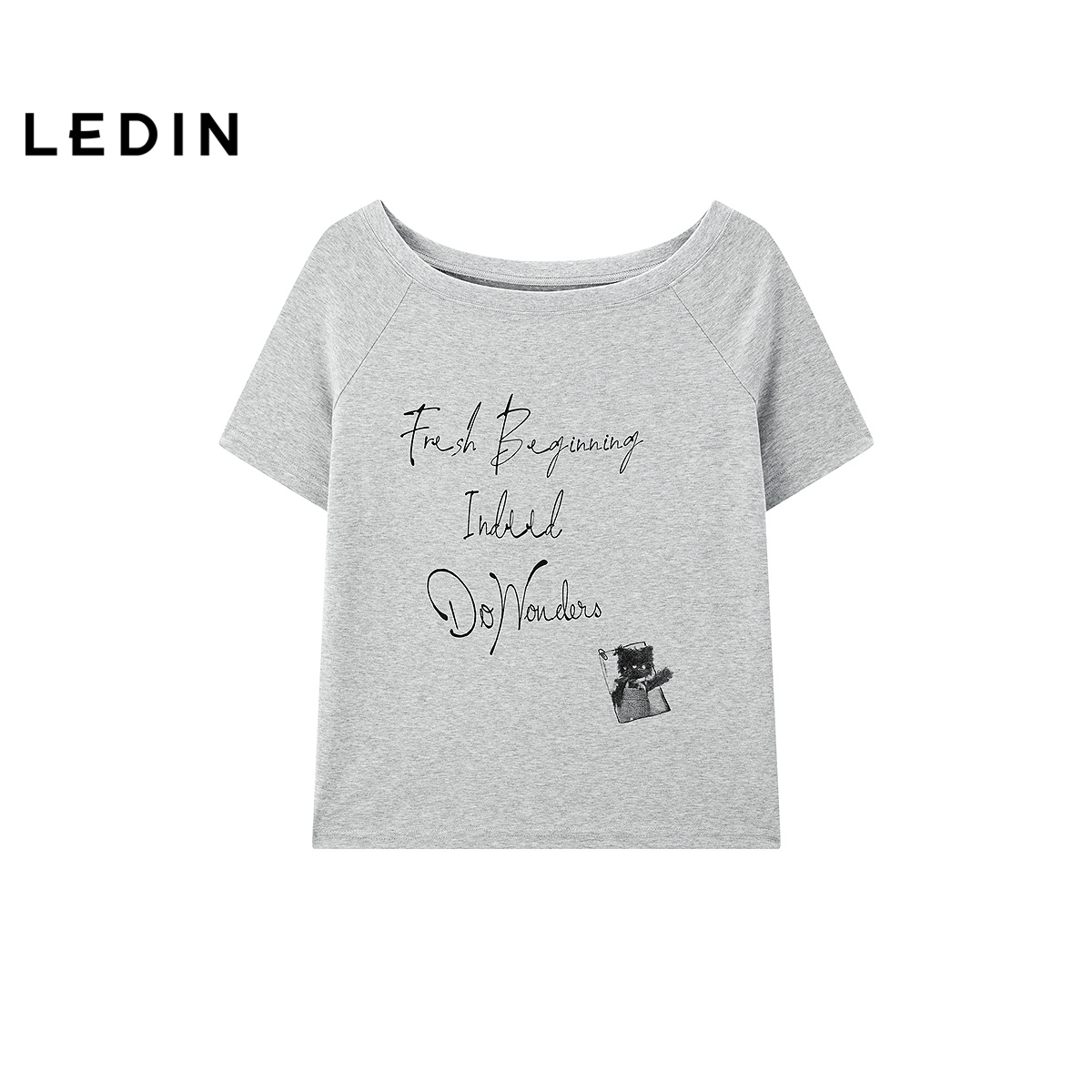 【商场同款】乐町一字肩短袖T恤夏季新款灰色字母上衣C2CNF2740