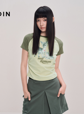 【商场同款】乐町小鹿插肩袖T恤春新款修身显瘦绿色短袖C2CNF3150