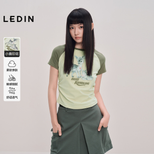 商场同款 显瘦绿色短袖 乐町小鹿插肩袖 修身 C2CNF3150 T恤春新款