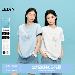 新款 女25年夏季 凉感 烫银印花宽松彩色T恤 乐町蝴蝶结甜美短袖