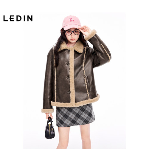 【商场同款】乐町2024冬季新款复古毛绒PU皮衣机车外套C2AEE4306