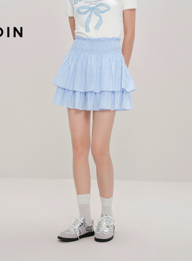 【商场同款】乐町蓝色宽腰封半身裙新款百褶双层蛋糕裙C1GEF3204