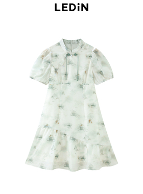 乐町国风连衣裙夏季新款晕染印花短袖裙子C2FAE2F20