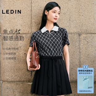 乐町拼接撞色衬衫领连衣裙女2026年夏季新款精致花边百褶短袖裙子