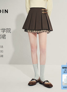 乐町双排小皮扣半身裙秋季新款双层大小压褶短裙卡其色格纹百褶裙