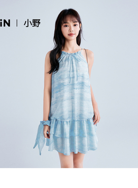 【商场同款】乐町小野联名合作系列印花挂脖花边连衣裙C1FAF2426