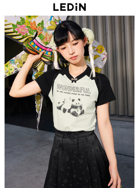 乐町2024夏季新款新中式熊猫插肩袖短袖T恤C2CNE2F06