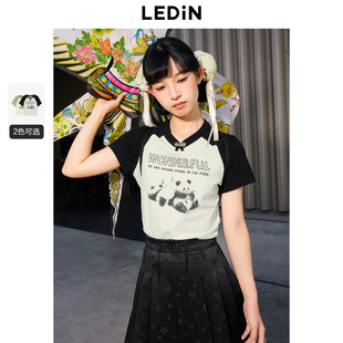 短袖 乐町2024夏季 熊猫插肩袖 新中式 T恤C2CNE2F06 新款