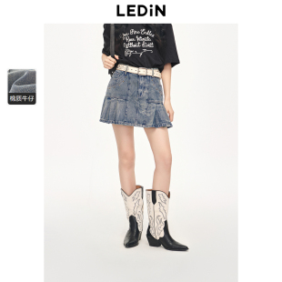 手工擦色牛仔百褶短裙C2GEE2513 乐町夏季