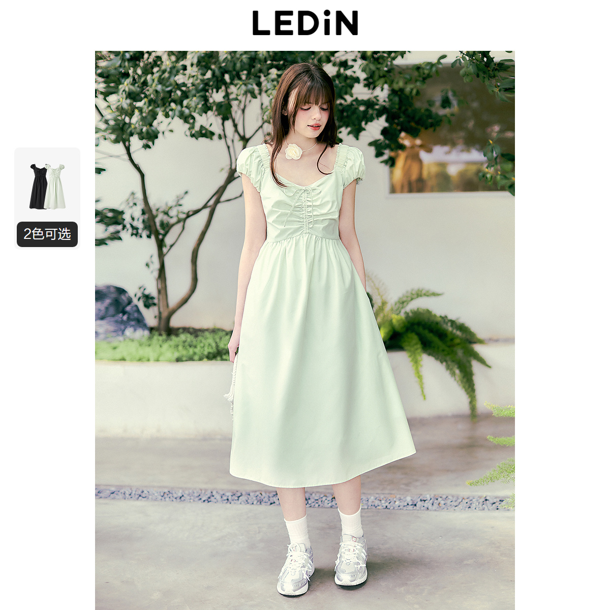 乐町简约收腰连衣裙年夏季新款小个子遮肉泡泡袖韩系初恋连衣裙