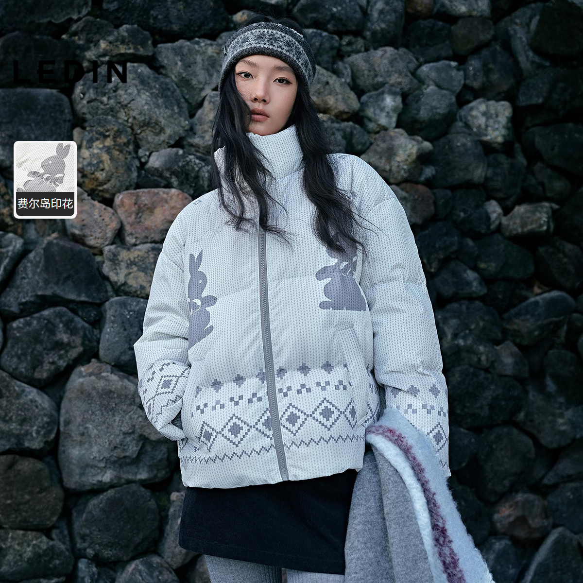 乐町兔子费尔岛印花面包羽绒服女2025冬季新款一手长保暖外套