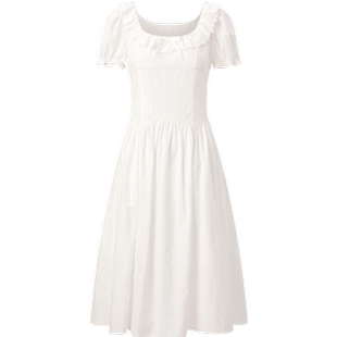 乐町荷叶花边圆领小白裙年夏季初恋感弧形腰节公主裙白色连衣裙