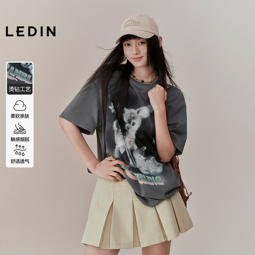 【商场同款】乐町可爱小鹿宽松短袖早秋新款休闲灰色T恤C2CNF3147