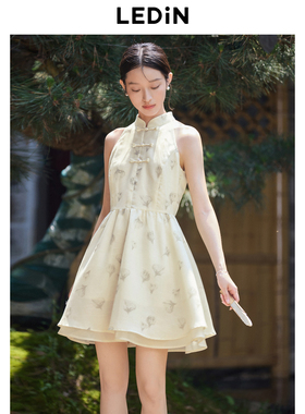 乐町声声乌龙新中式盘扣挂脖裙夏季新款碎花短裙国风无袖连衣裙