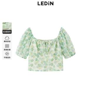 上衣C1CDE2417 方领晕染印花雪纺衫 乐町2024夏季 新款