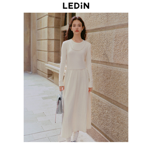 乐町假两件拼接连衣裙女冬季 白色简约打底裙磨毛蕾丝长裙 新款