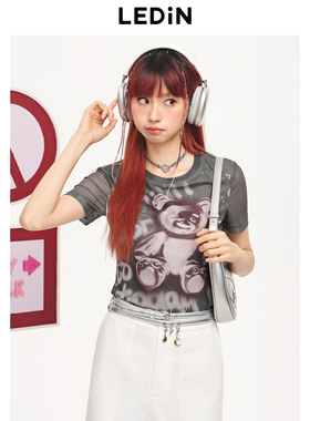 乐町夏季圆领图案印花紧身短袖T恤C2CNE2324