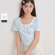 短袖 25年夏季 新款 乐町撞色条纹大U领修身 女装 辣妹HOT弹力截短T恤