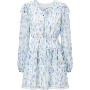 乐町蕾丝拼接长袖碎花裙年春季新款度假风V领蓝碎花雪纺连衣裙