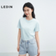乐町手工珍珠蓝色T恤女装 甜美气质上衣圆领合体短袖 25年夏季 新款