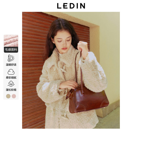 乐町韩系少女甜美仿羊羔毛茸外套女冬季新款牛角扣设计毛绒外套*