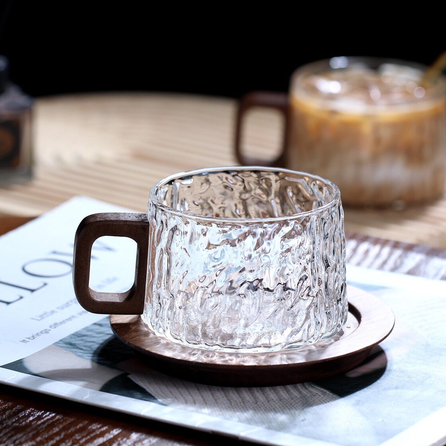 高级感精致透明玻璃咖啡杯树皮水杯高档下午拿铁冰美式杯子可加热