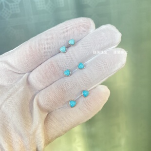 天然原矿蓝绿松石爱心耳钉男女小巧精致925银色镶嵌日常百搭耳饰