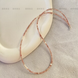甜酷粉色水晶天然碧玺串珠项链女珍珠细链条时尚百搭彩色石锁骨链