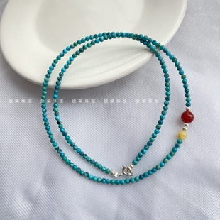 天然原矿湖北绿松石项链小米珠锁骨链吊坠挂绳s925纯银扣头颈链女