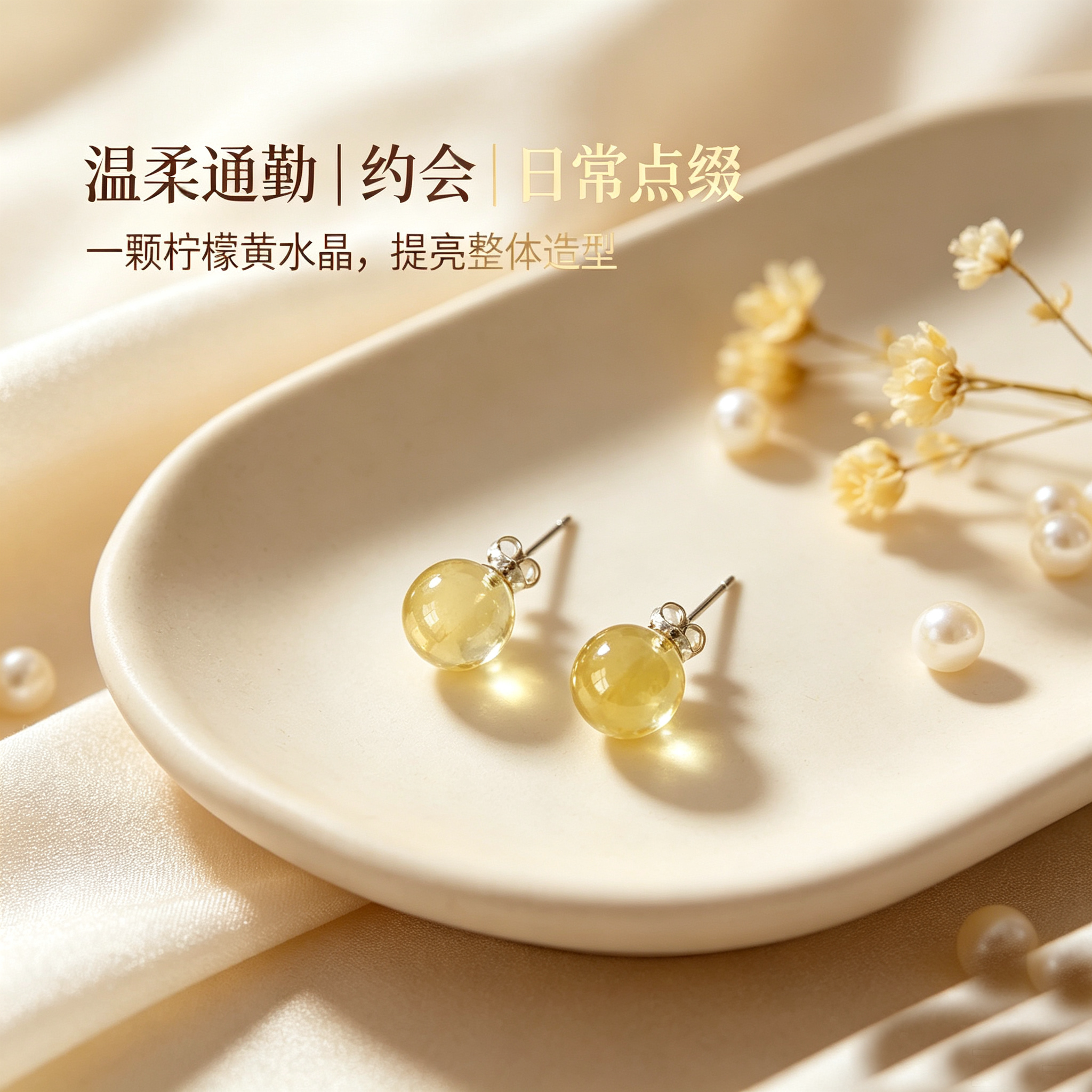 高级感柠檬黄水晶S925银圆珠耳钉