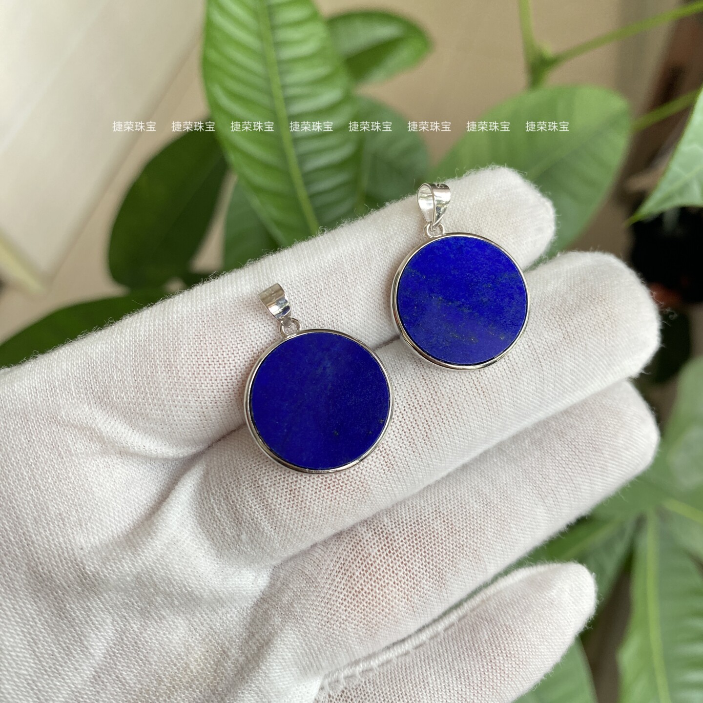 s925纯银镶嵌天然青金石吊坠圆牌