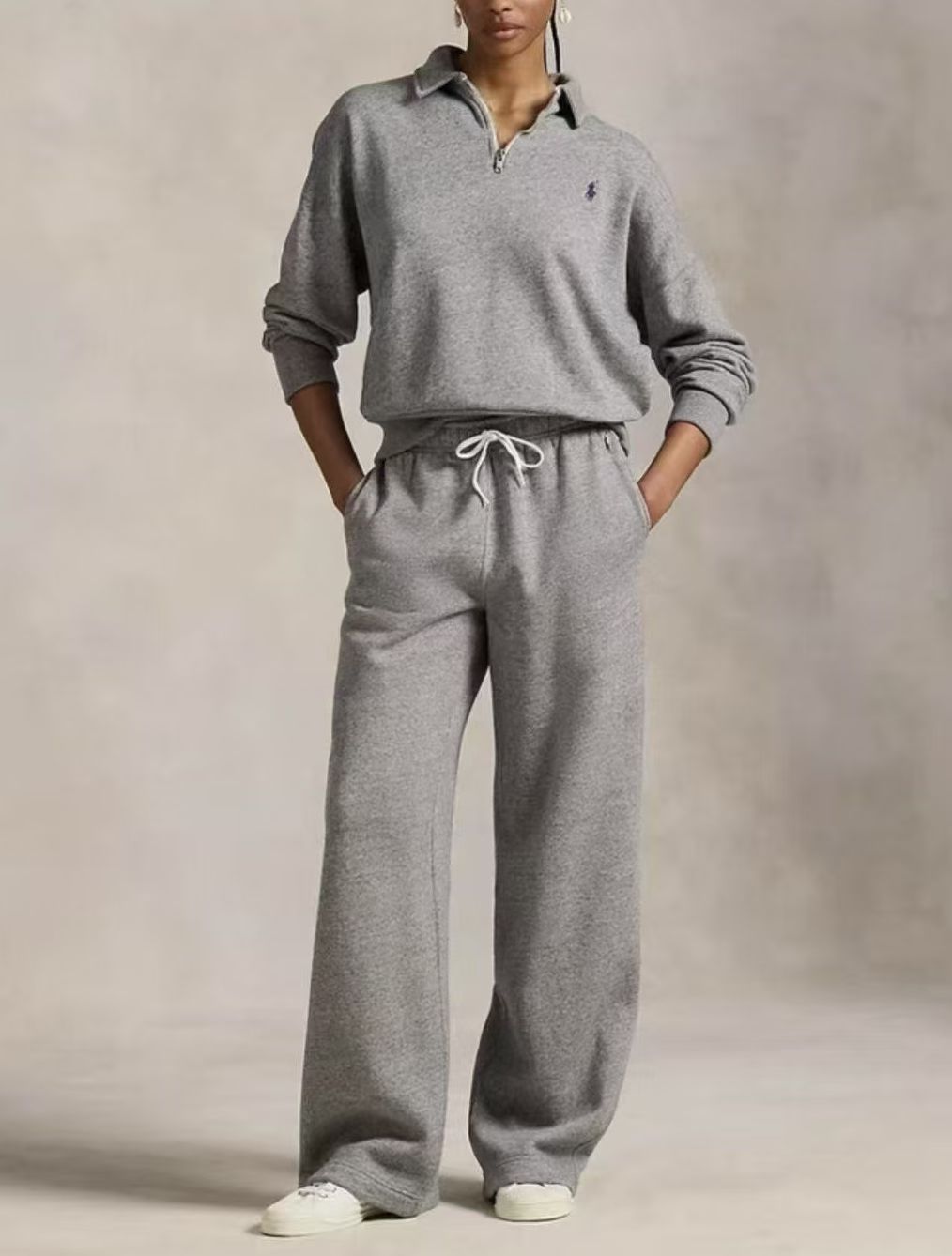 RL经典款女宽松休闲百搭运动裤直筒阔腿裤 350g复古起绒布卫裤