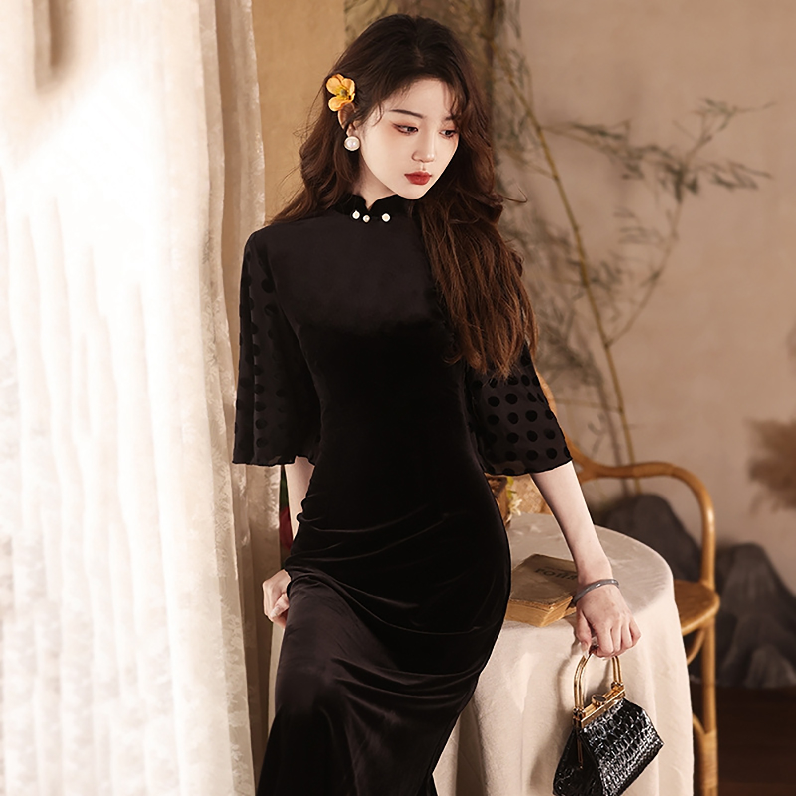 AULX旗袍女夏年轻款气质优雅黑色丝绒倒大袖春季新中式短袖日常装